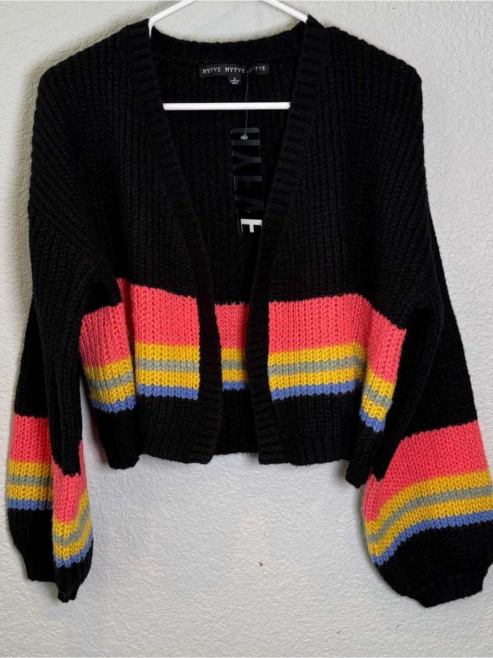 HYFVE Black Cropped Cardigan with Salmon, Yellow & Blue Stripe Detail